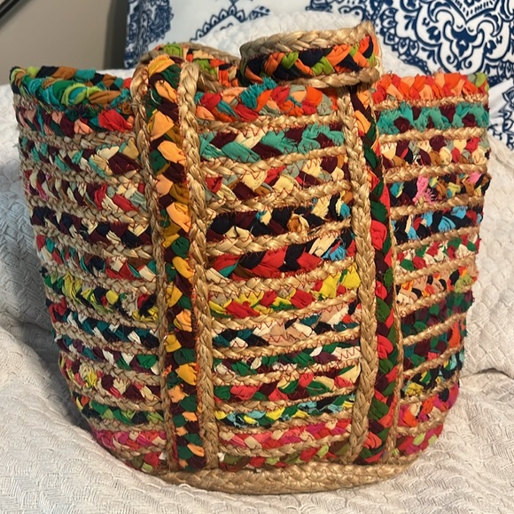 Rainbow Recycled Cloth Jute Tote Shoulder Bag Multi Handwoven Braided Chindi - Picture 3 of 7